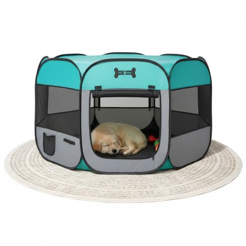 Mucola Welpenlaufstall faltbar – 125x125x64 cm – mobiler Welpenauslauf mit Pop-Up-System, Netzabdeckung & Tragetasche – 600D Oxford wasserdicht, leicht & stabil – Indoor/Outdoor Tierlaufstall