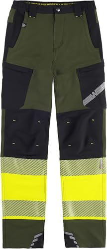 WORKTEAM Pantalón Elástico Alta Visibilidad con Cintas Reflectantes Segmentadas, Slim Fit, Multibolsillos con Cremallera, Refuerzo en Rodillas, Unisex Verde Oscuro+Amarillo A.V. XL