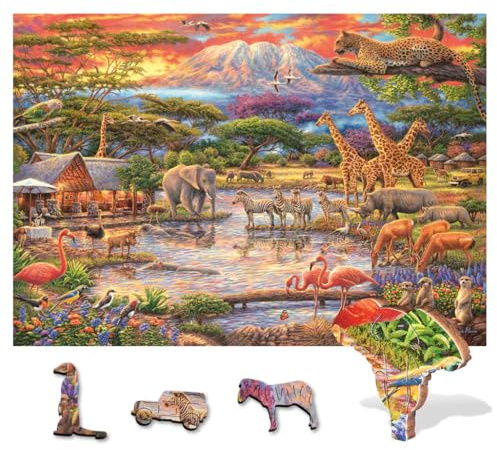 Wentworth Wooden Puzzles Wild Africa - 250 Pcs Adult Jigsaw Puzzle, Themed Irregular Pieces, Chuck Pinson Wildlife Design for Animal Lovers - Sustainable Sourced Wood and British Made