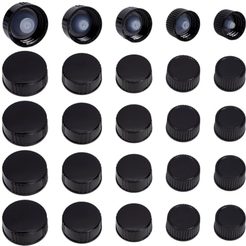 GORGECRAFT 30 Pezzo 5 Misure Tappo A Vite in Resina Fenolica da 16.5/18/20/22/26mm Sigillo in Polietilene Nero per Bottiglie di Vetro Caraffe Contenitori Tappi di Ricambio per Alimenti e Cosmetici.