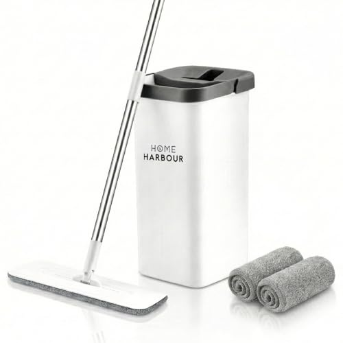 HH2 Max Aqua Press Mop & Bucket Set – Self-Cleaning Flat Mop with Dual-Chamber Dirty/Clean Water System, Hands-Free Wringing, 360° Swivel Head & Microfibre Pads