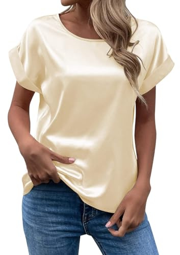 Blusa de seda para mujer, manga corta, elegante, de verano, de seda, cuello redondo, holgada, monocolor, camisas, blusas de satén, blusa