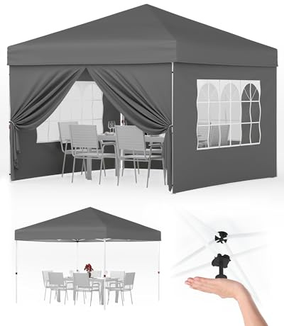 Faltpavillon 3x3 m Wasserdicht mit 4 Seitenwänden – Pop-up Pavillon Grau, UV-Schutz 50+, 3-Fach Höhenverstellbar, Stahlrahmen – Ideal für Garten, Camping, Party & Marktstand