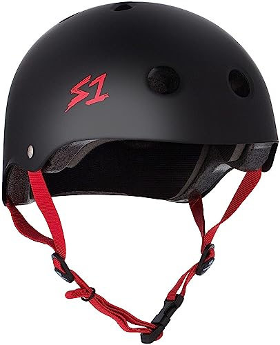 S1 Lifer Helmet for Skateboarding, BMX, and Roller Skating - EPS Fusion Foam, CPSC & ASTM Certified - Black Matte w/Red Straps X-Large (22.5)