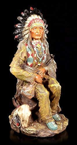 Indianer Figur - Häuptling sitzend mit Friedenspfeife | Dekofigur, handbemalt