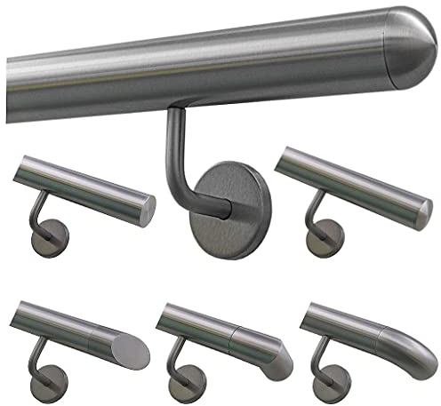 TIBU Handlauf Geländer Edelstahl Ø 42,4 mm - Länge 30 cm - Ende halbrunde Kappe und gewinkelte Halter - Rostfrei für Außen und Innen