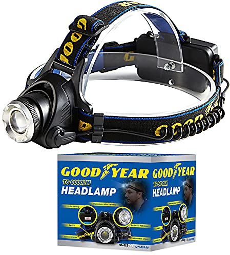 Goodyear Xm-l T6 6000lm Headlamp Reflector Flat Lens| Lumen: Max 6000lm| Material Aluminum Alloy & Plastic| 2X Li-ion Battery| Adjustable Beam| Rechargeable Battery| Lightweight| Water-Resistant