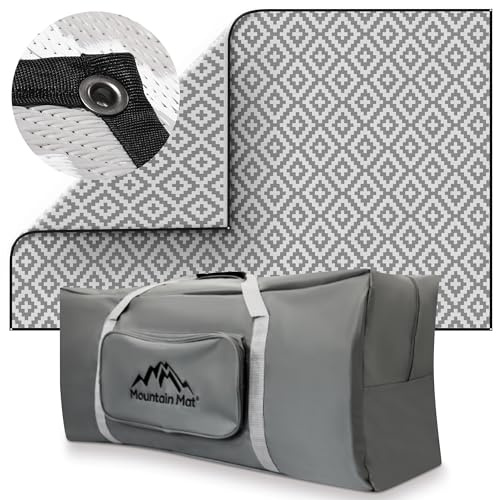 Mountain Mat 8x20 Gray & White Outdoor RV Mat with Carry Bag – Extra Thick 5mm Recycled Poly Rug – Waterproof, Reversible, Heavy-Duty – Premium Patio Mat for Camping, Deck (8x20, Grey Diamond)