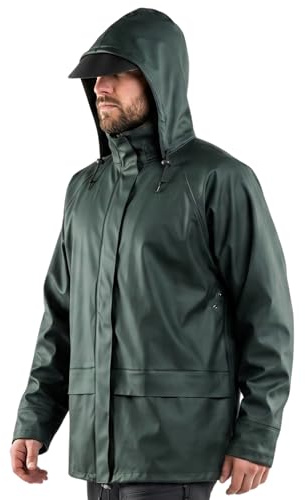 NEO TOOLS Regnset för män, regnrock med huva och regnbyxor, storlek M-XXXL, limmade sömmar, dragkedjor och fickor skyddade från vatten, ventilationsöppningar, 100% polyester 170 g/m2, Grön, M