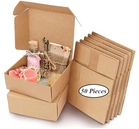 50 Stück Geschenkbox, Kraft Geschenkboxen, Geschenkbox für Kekse, Weihnachtsgeschenkbox, 7,5 x 7,5 x 3cm Brown Kraft Paper Verpackungsbox mit Deckel