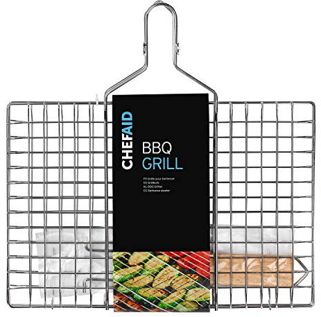 Chef Aid BBQ Griller Basket - The Perfect Grill Companion for Fish, Meat, and Vegetables. Lock in Food with Its Grill Basket Design, Flip with Ease for Even Grilling. Removable and Foldable Handle