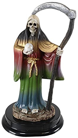Ebros Gift 5.5 H Rainbow Tunic Robe Santa Muerte Skeleton with Scythe and Orb Figurine Deity of Protection Decorative Sacred Bone Mother 7 Powers Altar Sculpture