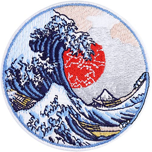 CLIMATE CHANGE Tsunami Aufnäher große Welle vor Kanagawa | Preserve & Protect | Aufbügler Klimaschutz Aufkleber zum annähen/aufbügeln | Patch Bügelbild Umweltschutz Abzeichen | 80x80mm