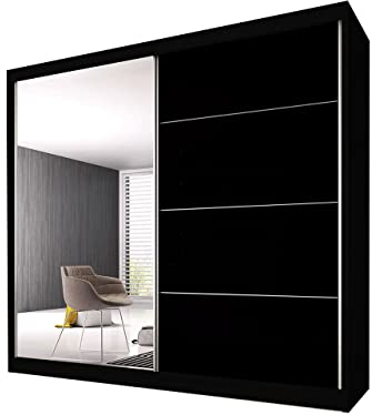 Fabryka Mebli Idźczak Kleiderschrank mit Spiegel, Wohnzimmerschrank - Schwarzer Schwebetürenschrank, Schlafzimmerschrank - ‎61 x 233 x 218 cm - Schrank für Schlafzimmer, Wohnzimmer, Garderobe