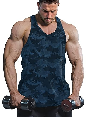 Lehmanlin Men's Stringer Tank Top Y Back Muscle Bodybuilding Gym Shirts (Print - Blue L)