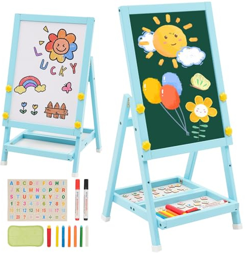 Kids Art Easel, Double Sided Easel Whiteboard Blackboard, Foldale, Blue | Mini Wood Easel for Kids, Drawing Board with Letters and Numbers, 12.2L, 21.6–25.6H