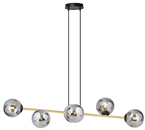 Licht-Erlebnisse Pendelleuchte Rauchglas 110 cm länglich höhenverstellbar in Schwarz Graphit Gold E14 Metall Glas Hängelampe Esstisch