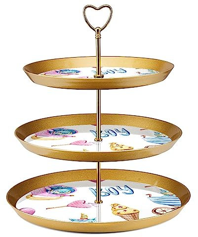 Dessert Table Display Set, Gold Cupcake Stand, Dessert Stands, 3 Tier Serving Tray, Cup Cake Tier Stand, Wedding Cake Stand for Dessert Table, Unicorn Cartoon Ice Cream