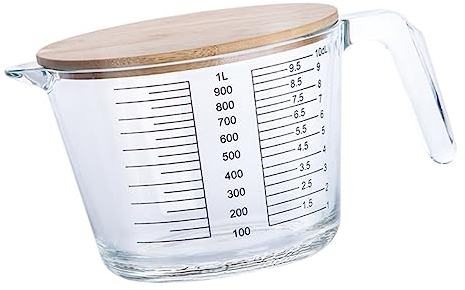 COLLBATH Verre Doseur Gradué Tasse à Mesurer De Cuisine Outil De Cuisson Pratique Pichet Doseur Avec Couvercle Bois Facile à Nettoyer Ranger