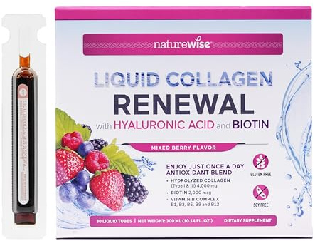 NatureWise Hydrolyzed Liquid Collagen for Women & Men 4000mg - High Absorption, Type 1 & 3 Peptides with Biotin + Vitamin C + Vitamin B Complex & Hyaluronic Acid -Mixed Berry - 30 Tubes[30 Day Supply]