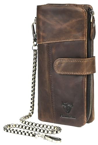 Handadsume Handasume geuine Crazy Horse Cuir Cadeaux Boîte à Cartes de Monnaie Le Long Portefeuille Organisateur Portefeuille RFID chaîne Portefeuille avec Boucle pour Homme 1803 (1803 Brun Clair)