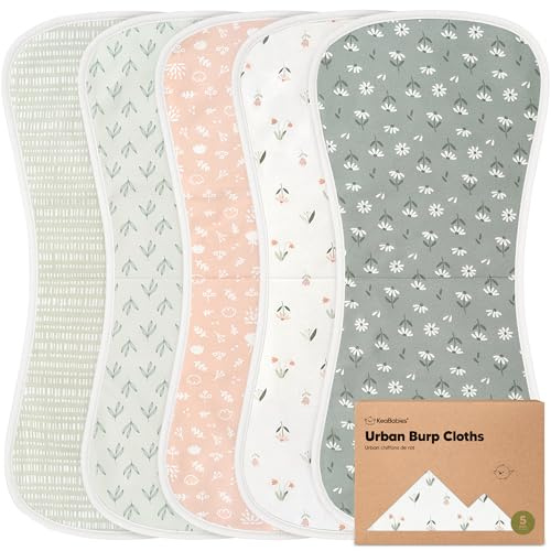 KeaBabies Organic Burp Cloths Baby Boys & Girls - Pack of 5 Super Absorbent Cotton Burp Cloths for Babies, Soft & Plush Newborn Muslin Cloths for Milk Spit, 53 cm x 25 cm (Fleur)