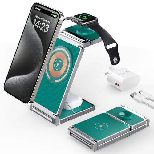 Magnetic Charging Station,Hohosb 3 in 1 Foldable Zinc Alloy Wireless Charger Stand[Compatible with Magsafe Charger] for iPhone 15/14/13/12 Series,AirPods Pro/3/2,Apple Watch/iWatch(Green)
