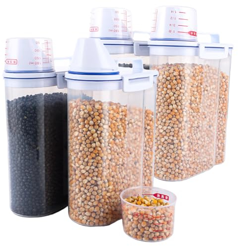 ZOFUN 4 Stück Müsli Aufbewahrung Behälter Küche, 2 L Luftdichte Vorratsbehälter Kunststoff Aufbewahrungsbox mit messbecher, Trockenfutter Aufbewahrung katze für Hundefutter Waschpulver und Reis
