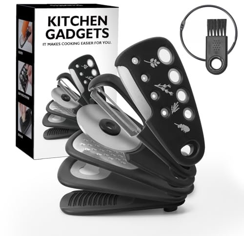 CXML&DASHE 6-in-1 Kitchen Gadgets Set: Shredder, Peeler, Pizza Cutter, Garlic Grater, Herb Cutter, and Bottle Opener - Easy Storage