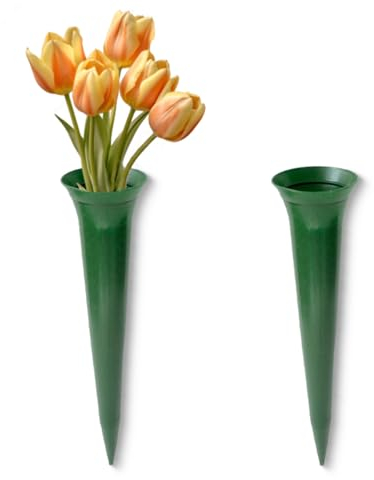 Grabvasen zum Stecken als frostsichere Grabdeko - Schmale Friedhofs-Vasen 2er in Grün als wetterfester Kunststoff Grabschmuck - Erdspieß Blumenvasen in 34 cm als schöne kleine Steckvasen