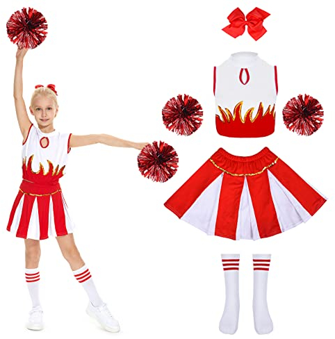 JONRRYIN Kinderkostüm Cheerleader, Cheerleader Kostüm Kinder, Kinder Cheer Outfitmit Pompons, Socken und Haarzubehör, Cheerleading Kleid Cheer Uniformen Karneval Kostüm für 8-13 Jahre (Rouge, 150cm)