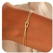 Matching Bracelets for Couples，Dainty Gold Love Knot Bracelet 14K Gold Plated Herringbone Chain Bracelet Relationship Jewelry Gifts for Best Friend (Two gold)