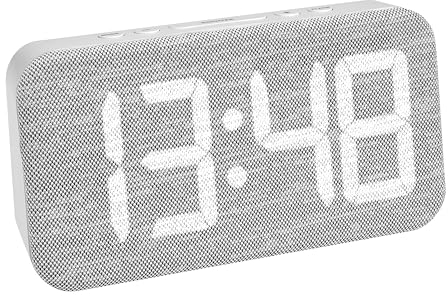 TFA Dostmann Digitaler Wecker mit 3 Helligkeitsstufen, 60.2042.02, mit Stoffbezug, Schlummerfunktion, inkl Datum, 3 Weckfunktionen (Mo-Fr, Mo-Sa, Mo-So), Dimmbar, Quarzuhr, mit USB Kabel, grau-weiß