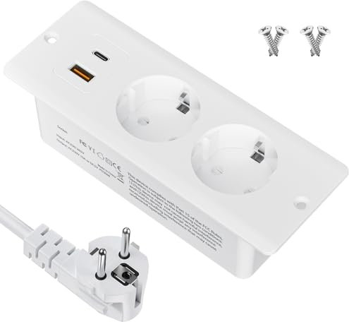 Tischplatte Versenkte Steckdose, Einbausteckdose mit USB A und Type-C PD 20W, 4 In 1 Einbau Steckdosenleiste mit 2M Kabel, Versenkbare Doppelsteckdose für Tischplatte, Arbeitsplatte, Möbel, Weiß