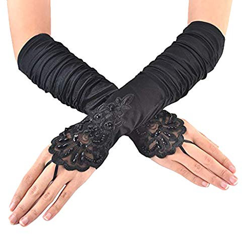 Satin Length Flapper Evening Elegant Gloves Elbow Women's 1920s for Opera Gloves Black Gloves Fabric (Black, One Size)