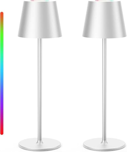 Keepoo Tischlampe Kabellos Dimmbare LED Akku Tischleuchte, Wiederaufladbar Warme Lichtfarbe 3000K+RGB Aluminium Outdoor Tischlampe wasserdicht für Restaurant,Schlafzimmer,Bar,IP54 (Silber 2 Stück)
