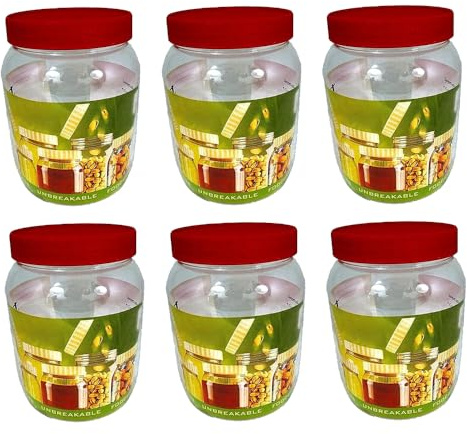 ANGIX 6 x 1000ml Plastic Storage Jars & Canisters with Screw Top Lids, Airtight Food Storage Containers for Kitchen, Food, Spices, Herbs & Sweets, Clear Canister Pots