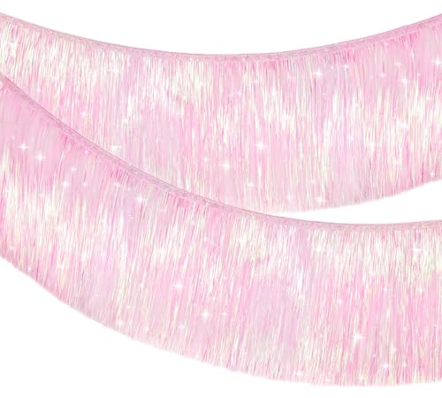 G2PLUS Irisierendes Rosa Glitzernde Fransen Girlande, 20cm Holografische Glitzer Fransengirlande, 2m Metallische Party-Fransengirlande, Folie Fransen Girlande für Abschlussballs, Party-Deko