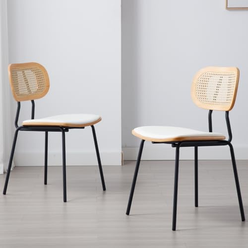 Ya-Home Rattan Esszimmerstühle 2er Set Sitzfläche aus Kunstleder, Weiß | Rückenlehne aus Rattan, stabile Metallbeine, verstellbare Fußstifte an der Unterseite, Küchenstuhl im Landhausstil