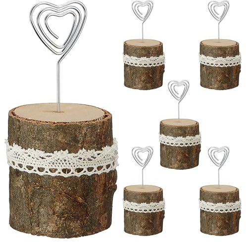 Cepewa 6er Set Foto-/Kartenhalter | Holz Metall Polyester 5x12cm | Tischschildständer in rustikaler Baumstamm-Optik