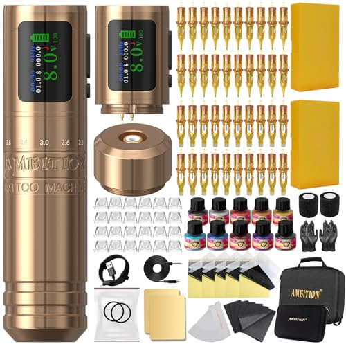 Ambition C1 Tattoo Maschine Set für Anfänger Kabellose Rotary Tätowiermaschine mit 7 Einstellbaren Hublängen, Dual 1900 mAh Akku