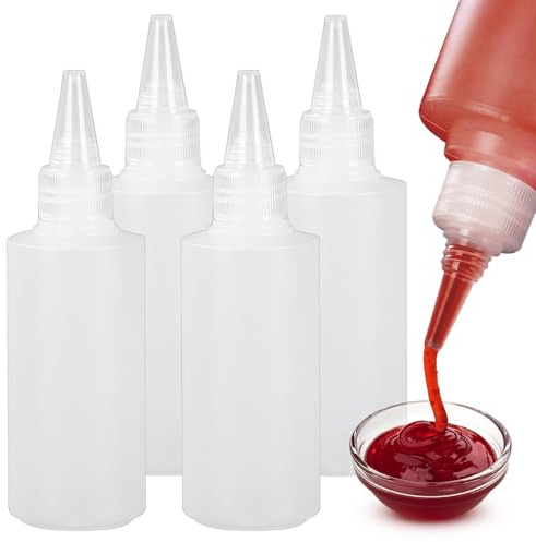 Lot de 4 petites bouteilles à presser réutilisables en plastique pour condiments, sauces de voyage, mini bouteilles pour boîte à déjeuner (100 ml)