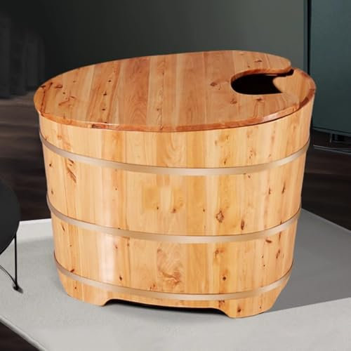 PA-DABAOO Fristående badkar i cederträ, elegant äggformat badkar med isolerat lock och avlopp, fristående badkar, vattenbesparande design, lämplig för hemmaspa,1m/3.3ft