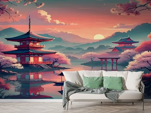 Boceoey Papier Peint Panoramique Japonais Mont Fuji 3D - Motif Japon Tour Fleurs de Cerisier - Décoration Murale pour Salon & Chambre, Intissé Autocollant Papier Mural, 250x175 cm M-625