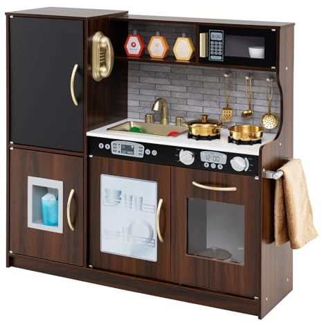 Maxmass Kids Play Kitchen, Wooden Children Pretend Kitchen with Ice Maker, Telephone, Chalkboard, Double Stoves, Dishwasher, Cookware Accessories, Toddler Boys Girls Cooking Toy Playset (Coffee)