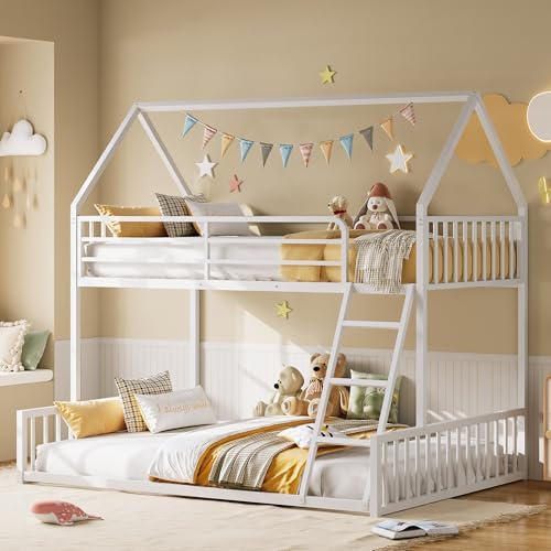 LIKIMIO Bunk Bed Twin Over Full Size, House Bunk Bed Frame with Ladder and Guardrail, House Shaped with Metal Slats Support No Box Spring Needed Space Saving for Bedroom and Dorm, White