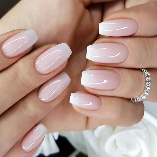 Viugex 24 Stück Falsche Nägel Mittel Sarg, Rosa Weiß Farbverlauf Kunstnägel Press on Nails, Glänzend Full Cover Acryl Fingernägel zum Aufkleben Wiederverwendbar Künstliche Nägel für Frauen Mädchen