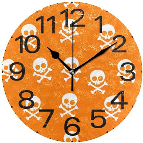Kutsu Scale Skulls on Orange Wall Clock Silent Non Ticking, Battery Operated Round Clock 10 Inch for Home Bedroom Living Room Kitchen Office School Classroom, Black