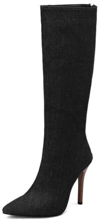 YhdtHSF Stivali Alti da Donna con Tacco a Spillo da 11 cm, Punta Affusolata, Cerniera Laterale, Scarpe alla Moda da Abito,Nero,34 EU