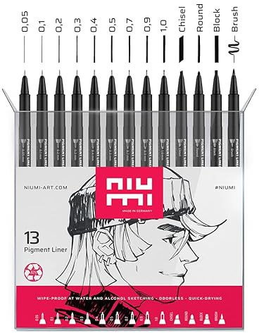 niumi Pigmentliner Professional Set 13-tlg. | 9 Fineliner 0.05-1.0 mm & 4 Spezialspitzen | dokumentenecht, wasserfest | für Outlines, Manga, Skizzen, Lettering, techn. Zeichnen | schwarz